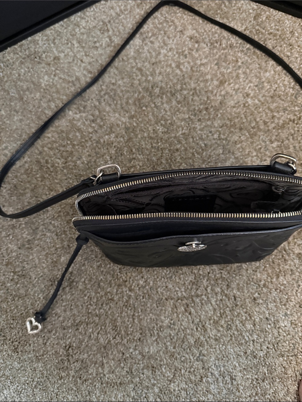 Brighton Black Embossed Leather Crossbody with Silver Heart Accent - Picture 2 of 7